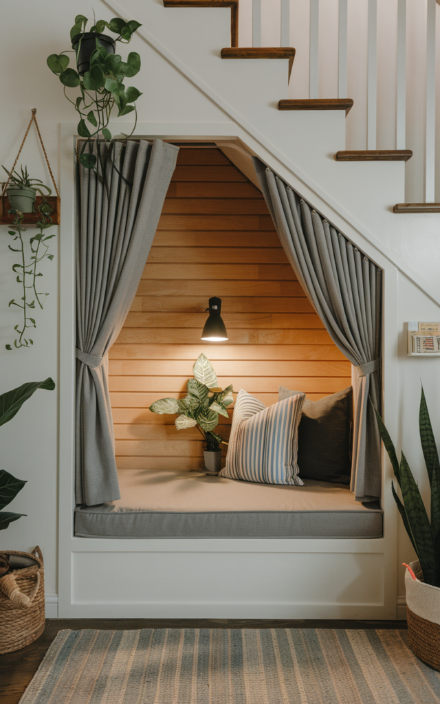An elegant and natural-looking realistic photograph of an under-stair private reading pod with a cushioned platform seat, curtain closure and small reading lamp, decorated in cozy contemporary style with natural lighting