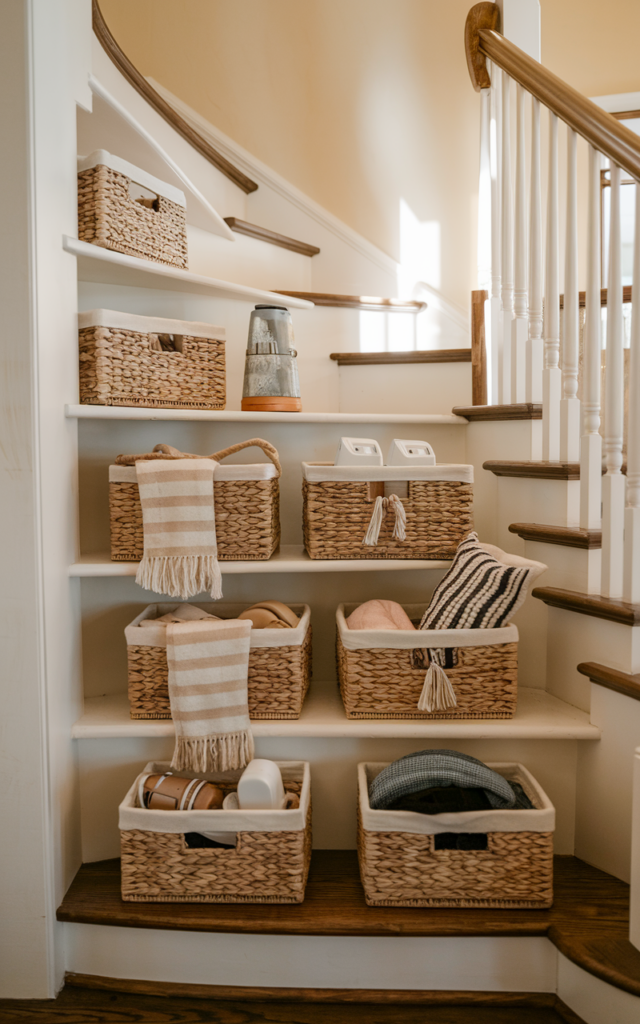 An elegant and natural-looking realistic photograph of open under-stair shelving filled with woven baskets storing everyday household items like scarves, chargers, and toys arranged neatly along the staircase wall decorated in cozy farmhouse storage decor style with natural lighting