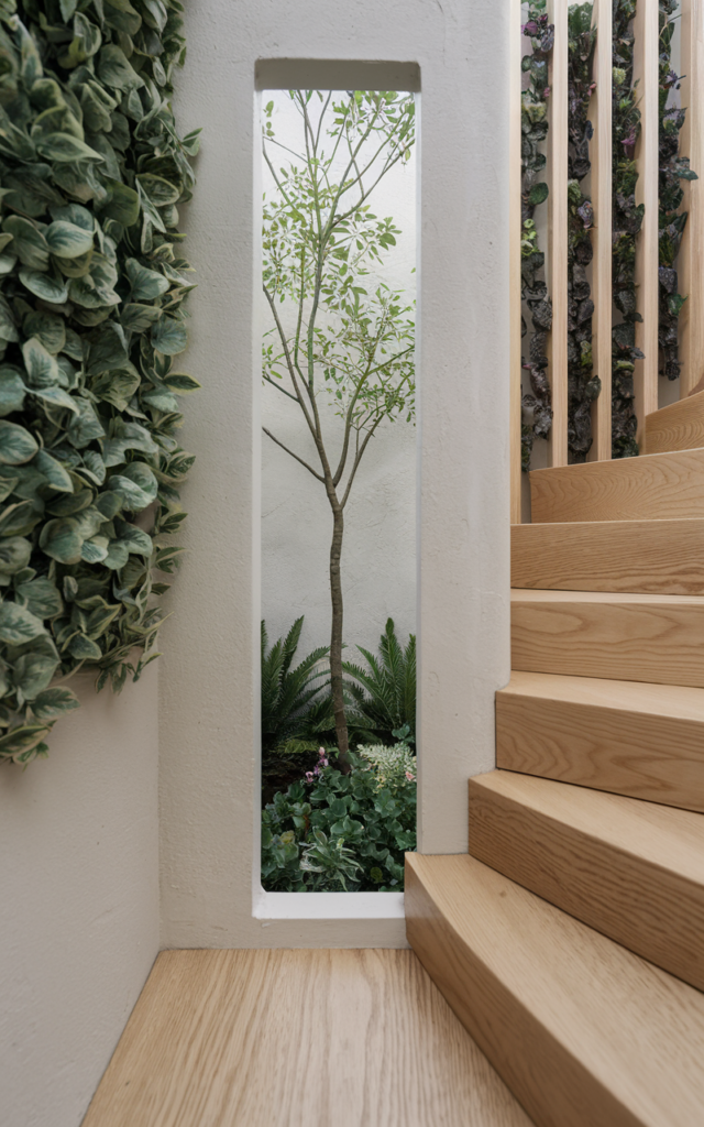 An elegant and natural-looking realistic photograph of a staircase with a narrow vertical window framing a single tree outside, creating a curated garden view beside light oak stairs decorated in modern biophilic style with natural lighting