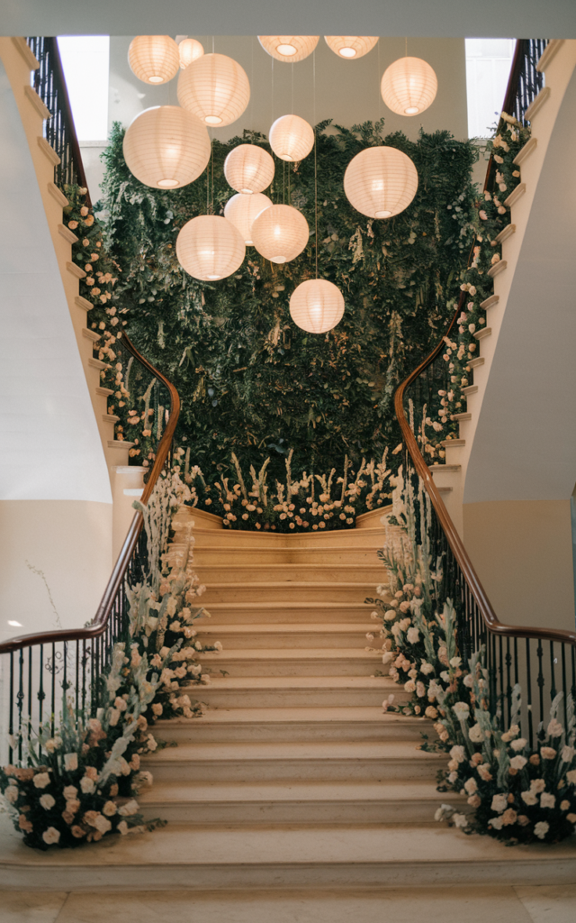 An elegant and natural-looking realistic photograph of a staircase area with delicate white paper lanterns hanging above at varying heights creating floating glowing spheres above the steps decorated in festive romantic wedding style with natural lighting