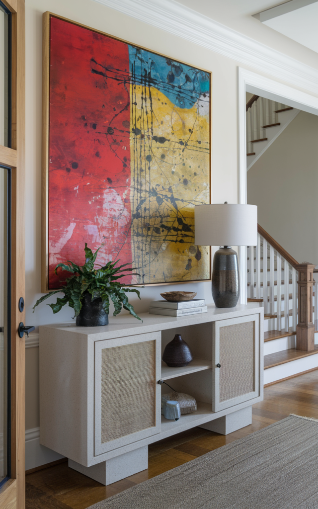 An elegant and natural-looking realistic photograph of an entrance anchored by a large statement artwork above a console table decorated in modern art-inspired style with natural lighting