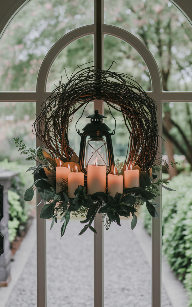 An elegant and natural-looking realistic photograph of a front door showcasing a statement wreath with a small lantern centerpiece and soft candle glow surrounded by simple greenery decorated in modern statement style with natural lighting