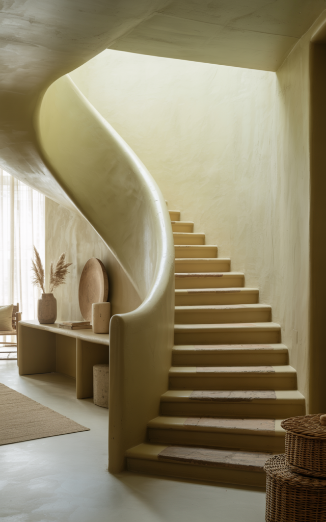 An elegant and natural-looking realistic photograph of a curved staircase foyer with a textured accent wall in subtle limewash behind the stairs adding depth and dimension decorated in earthy modern style with natural lighting