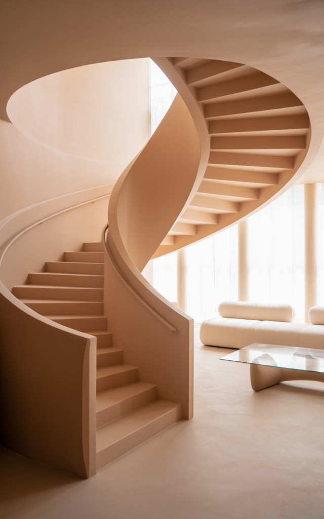 An elegant and natural-looking realistic photograph of a circular staircase painted the same soft neutral color as the surrounding walls creating a seamless sculptural spiral within a calm living space decorated in minimalist modern interior style with natural lighting