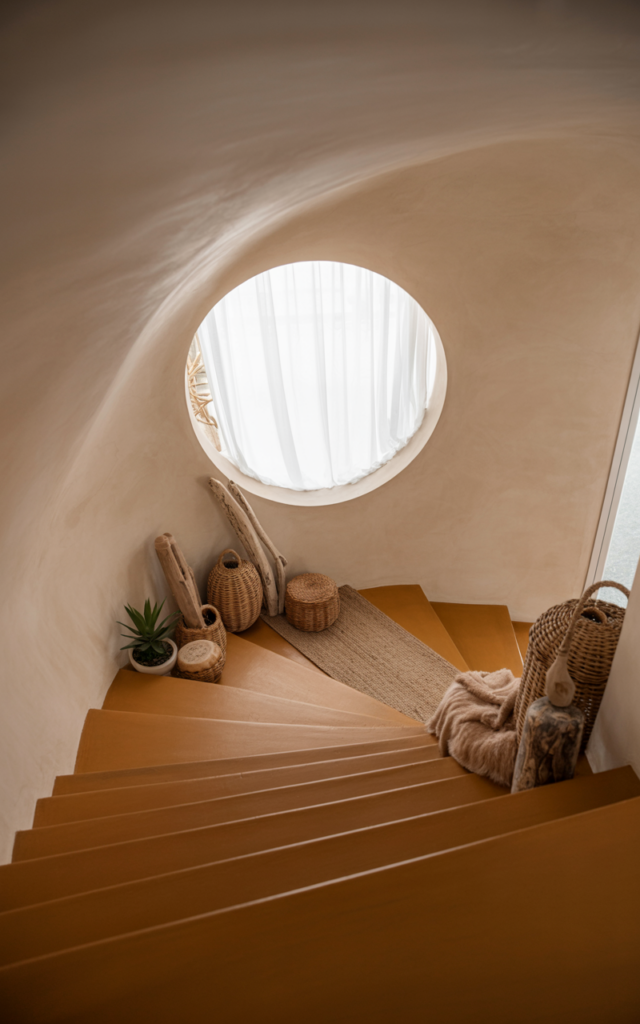 An elegant and natural-looking realistic photograph of a staircase showcasing a circular window set into a neutral wall above wooden steps, creating architectural interest decorated in coastal eclectic style with natural lighting