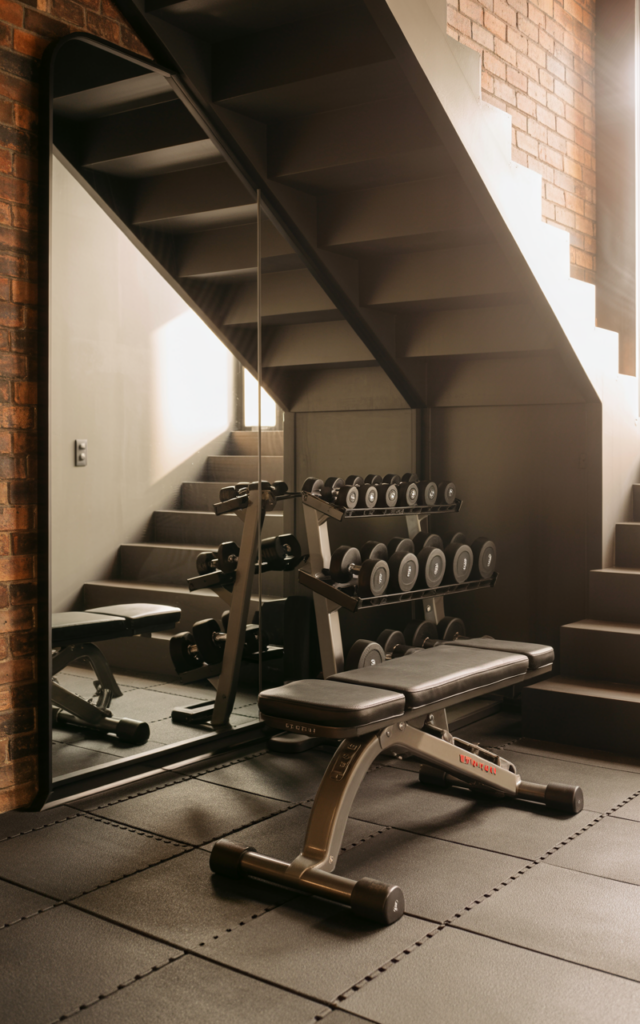 An elegant and natural-looking realistic photograph of an under-stair compact home gym corner with a wall mirror, dumbbell rack, rubber flooring and foldable bench, decorated in modern industrial style with natural lighting