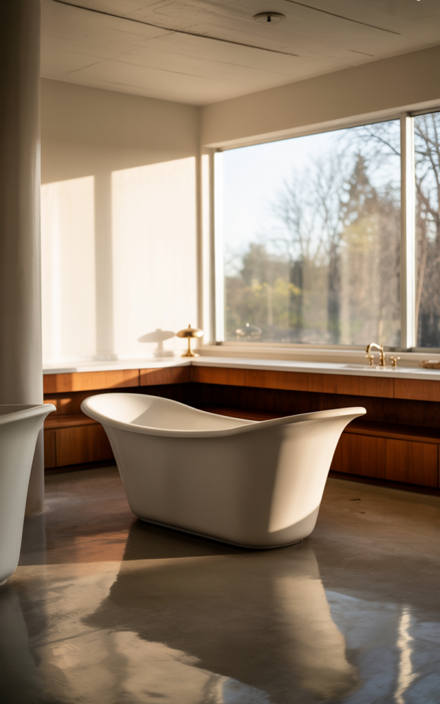 An elegant and natural-looking realistic photograph of a spacious bathroom with a sculptural freestanding bathtub placed near a window with minimal decor decorated in mid century modern style with natural lighting