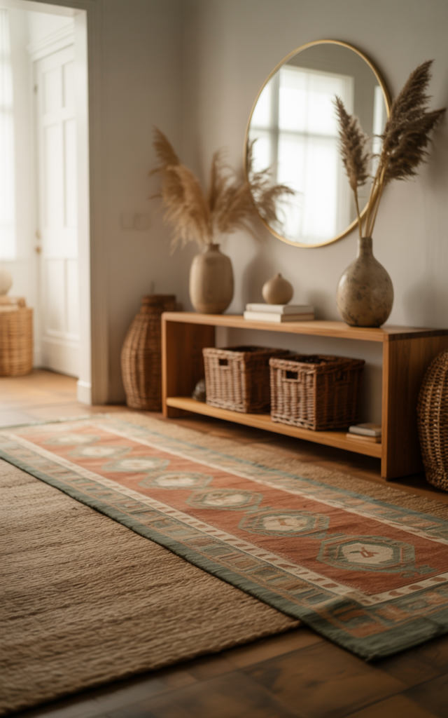 An elegant and natural-looking realistic photograph of an entryway featuring a layered rug and runner combination adding texture and depth to the floor decorated in boho modern style with natural lighting