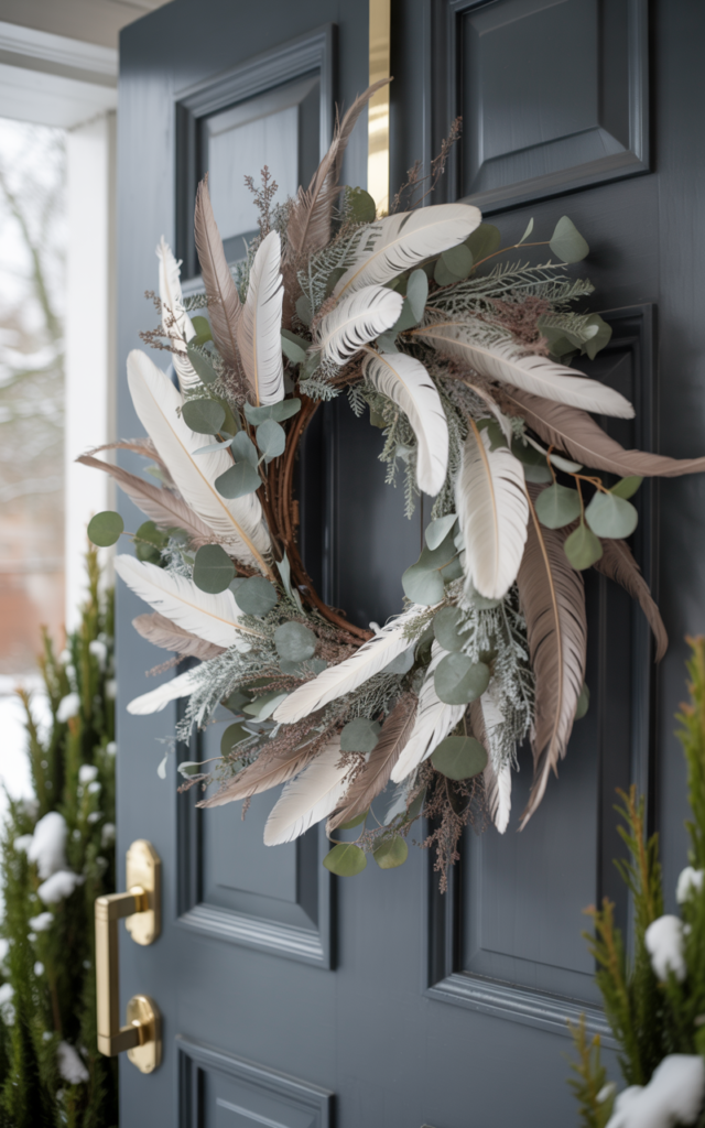 An elegant and natural-looking realistic photograph of a winter front door styled with a wreath incorporating soft neutral feathers and subtle greenery for a textured look decorated in contemporary organic style with natural lighting