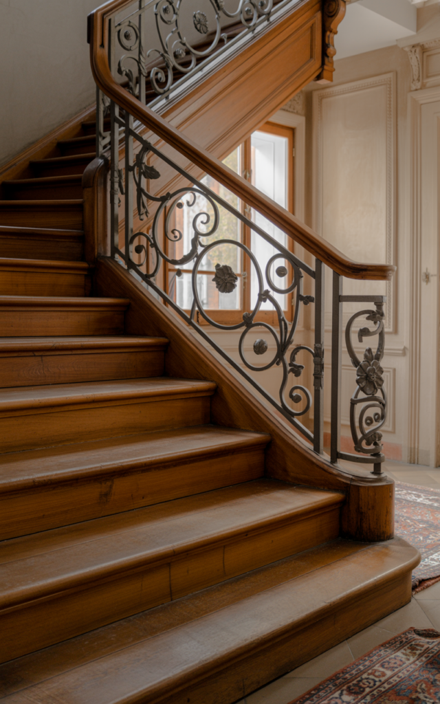 An elegant and natural-looking realistic photograph of an oak staircase paired with ornate wrought iron balusters adding old-world charm and intricate detailing decorated in European traditional style with natural lighting