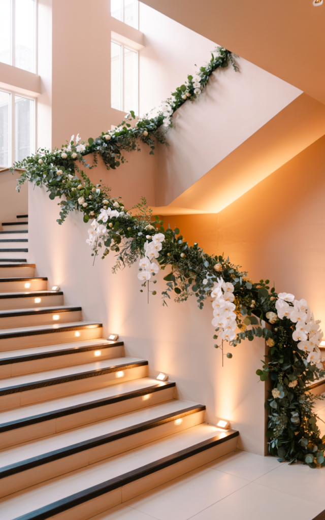 An elegant and natural-looking realistic photograph of a staircase wall illuminated with soft blush and warm amber uplighting highlighting the architectural shape of the steps decorated in elegant modern wedding style with natural lighting