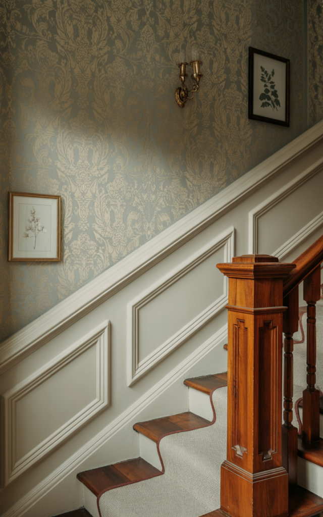 An elegant and natural-looking realistic photograph of a staircase wall with half-height panel molding below and patterned wallpaper above beside a wooden staircase with decorative railing decorated in elegant traditional home decor style with natural lighting