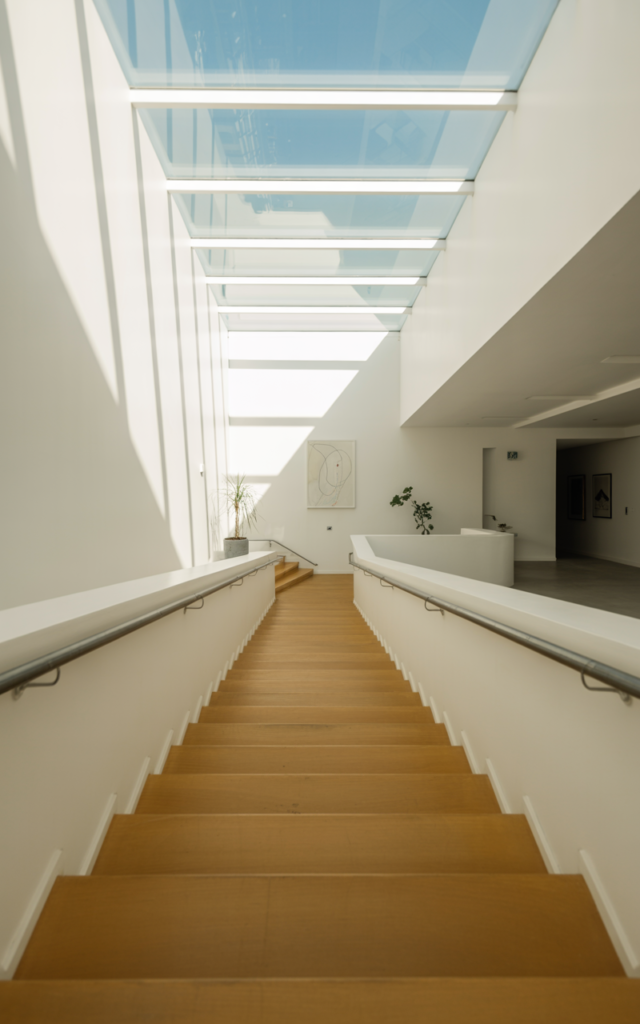 An elegant and natural-looking realistic photograph of a bright stairwell illuminated by a skylight above, casting sunlight onto light wood stairs and soft white walls decorated in airy modern style with natural lighting