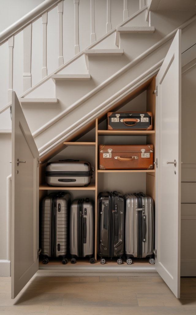An elegant and natural-looking realistic photograph of a hidden luggage storage compartment beneath a staircase with wide cabinet doors opening to reveal neatly stored travel suitcases in a deep storage cavity decorated in modern practical home organization decor style with natural lighting