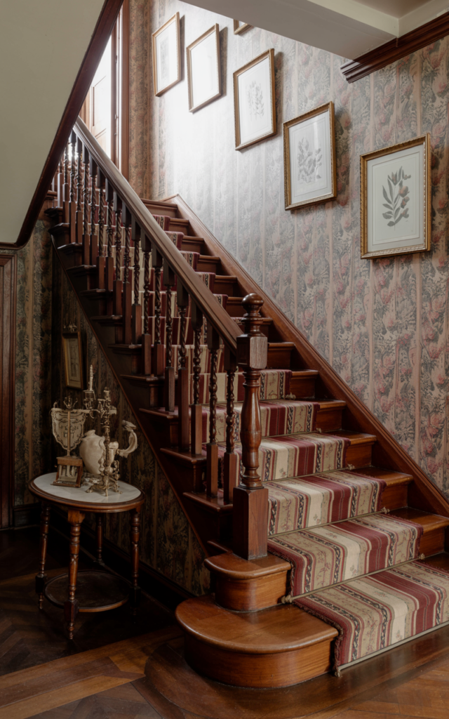 An elegant and natural-looking realistic photograph of a staircase featuring a striped runner paired with floral wallpaper and dark wood banister creating layered patterns throughout the space decorated in eclectic Victorian style with natural lighting