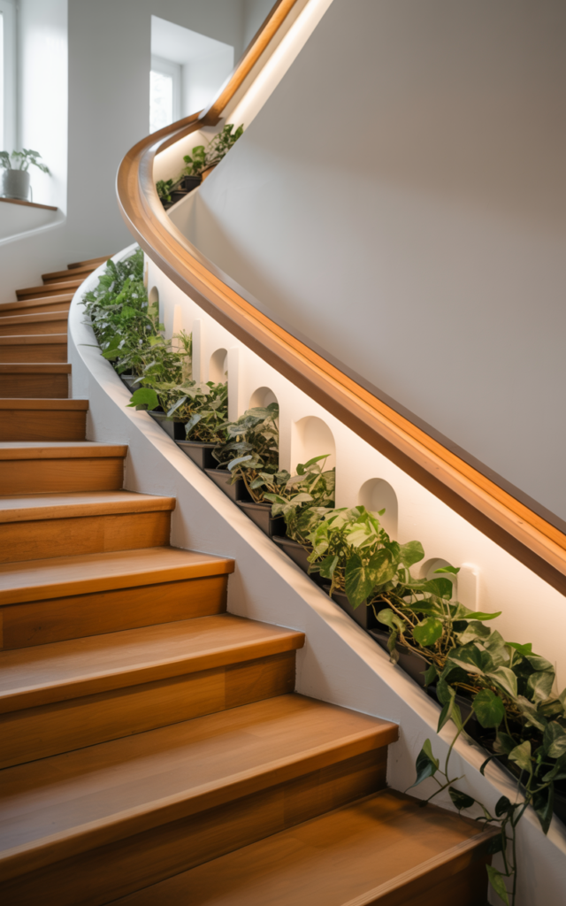 An elegant and natural-looking realistic photograph of a staircase wall with small recessed niches filled with trailing plants running beneath a sleek wooden handrail beside warm wooden stairs decorated in biophilic modern home decor style with natural lighting