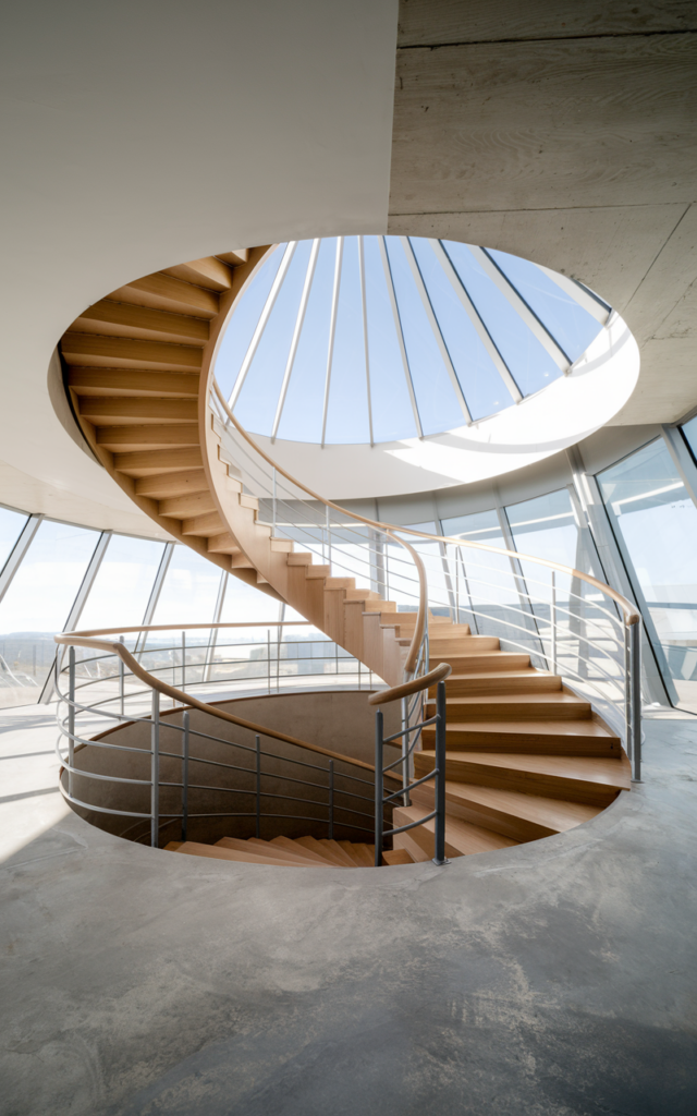 An elegant and natural-looking realistic photograph of a circular staircase positioned directly beneath a round skylight allowing sunlight to cascade down the spiral steps in a bright open interior decorated in contemporary minimalist style with natural lighting
