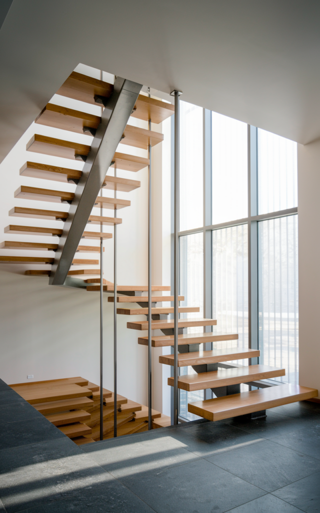 An elegant and natural-looking realistic photograph of a staircase with open risers and slim floating wooden treads maximizing light flow and airy design decorated in contemporary modern style with natural lighting