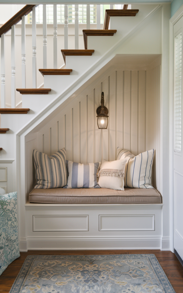 An elegant and natural-looking realistic photograph of a cozy reading nook built under a staircase with a cushioned bench, throw pillows and a small wall sconce beside wood steps decorated in charming cottage style with natural lighting