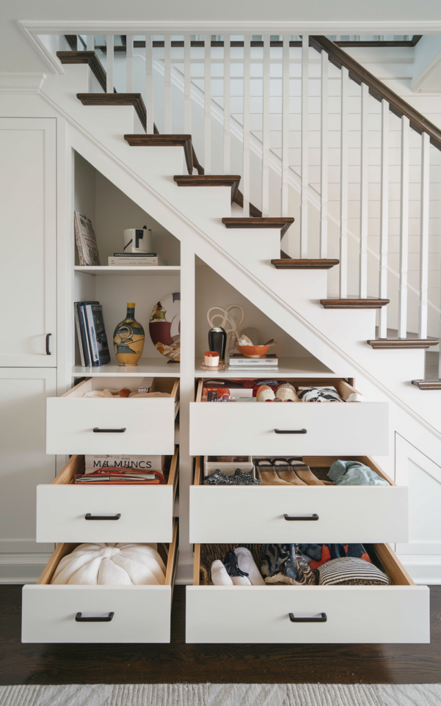 An elegant and natural-looking realistic photograph of an under-stair custom deep drawer storage system for seasonal items with seamless cabinetry, decorated in streamlined modern style with natural lighting