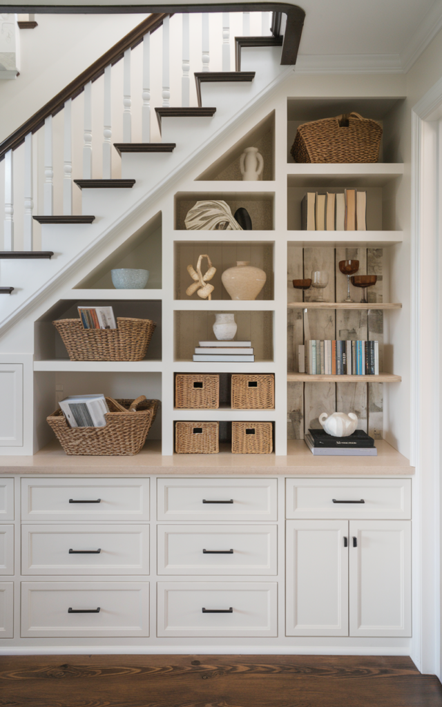 An elegant and natural-looking realistic photograph of a custom mixed storage wall under a staircase combining drawers, cabinets, cubbies, and open shelves filled with baskets, decor, and books integrated into the stair structure decorated in stylish contemporary built-in furniture decor style with natural lighting