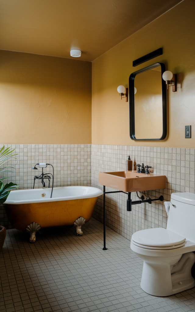 An elegant and natural-looking realistic photograph of a bathroom with subtle matte black accents on fixtures, mirror frame, and hardware paired with warm wood elements decorated in mid century modern style with natural lighting