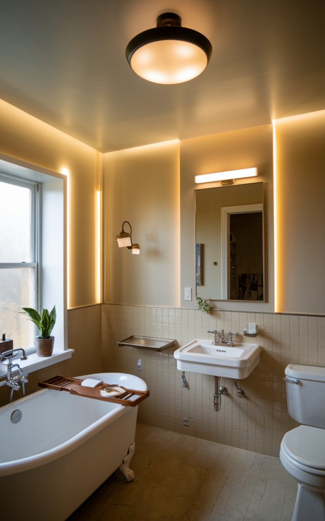 An elegant and natural-looking realistic photograph of a bathroom featuring layered lighting including overhead light, mirror lighting, and subtle LED accents creating depth and warmth decorated in mid-century modern style with natural lighting
