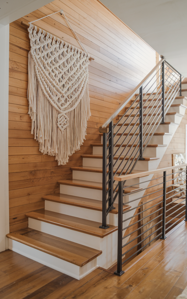 An elegant and natural-looking photograph of a staircase wall adorned with a large woven macramé wall hanging, complemented by warm wood treads and black metal railing decorated in modern farmhouse style with natural lighting