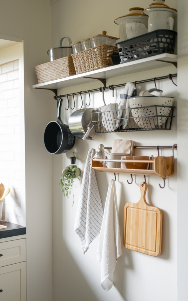 An elegant and natural-looking realistic photograph of a functional drop zone entrance with hooks, baskets, and trays neatly organizing daily essentials decorated in practical modern style with natural lighting