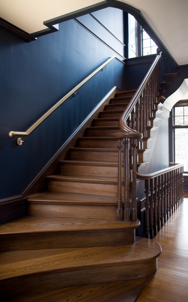 An elegant and natural-looking realistic photograph of a staircase with a brushed brass handrail mounted against a deep navy wall beside elegant wooden steps creating rich contrast decorated in modern luxury home decor style with natural lighting