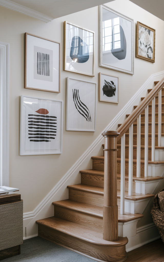 An elegant and natural-looking realistic photograph of a staircase gallery wall where minimalist molding frames surround each artwork piece along the stair wall beside a wooden staircase decorated in modern transitional home decor style with natural lighting