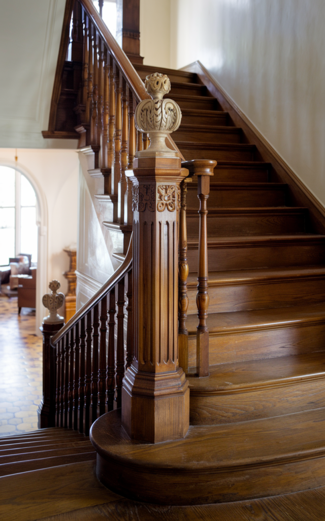 An elegant and natural-looking realistic photograph of a staircase showcasing decorative carved newel post finials atop polished wooden posts with slim spindles and rich wood steps decorated in authentic Victorian style with natural lighting