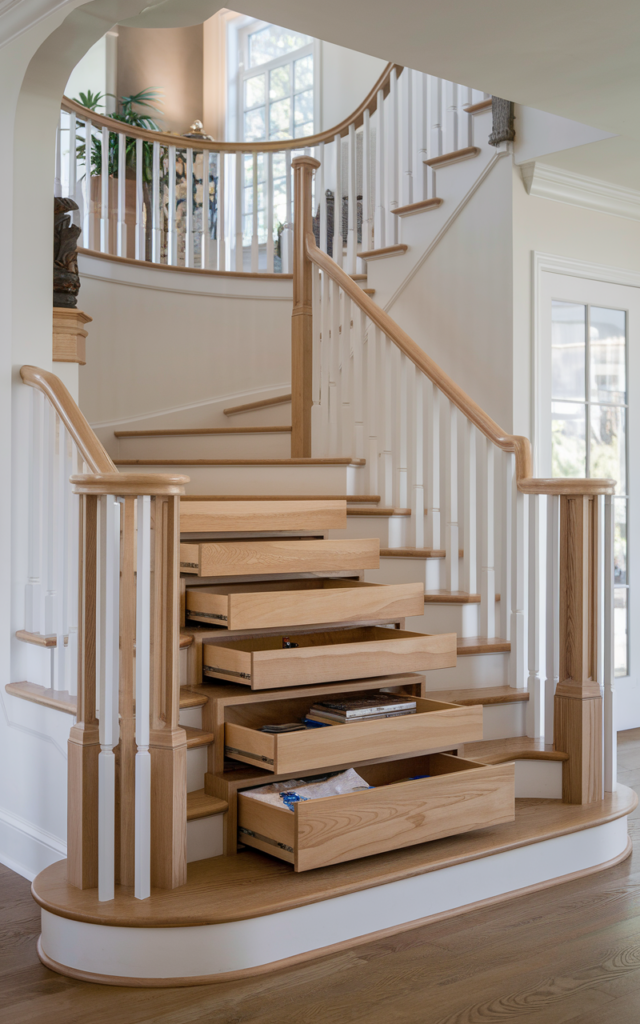 An elegant and natural-looking realistic photograph of an oak staircase with custom built-in drawers and cabinets integrated beneath the steps for hidden storage decorated in contemporary functional style with natural lighting