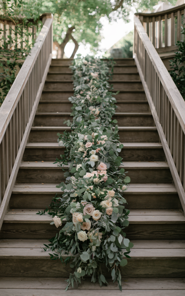 An elegant and natural-looking realistic photograph of a staircase featuring a delicate floral runner of greenery and soft blooms arranged down the center of the steps creating an editorial wedding aisle effect decorated in luxury garden wedding style with natural lighting
