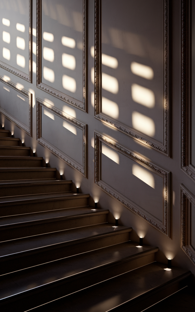 An elegant and natural-looking realistic photograph of a staircase with decorative wall panel molding highlighted by small uplights placed along the base of the wall, casting dramatic shadows across the architectural detailing, decorated in classic luxury interior style with natural lighting