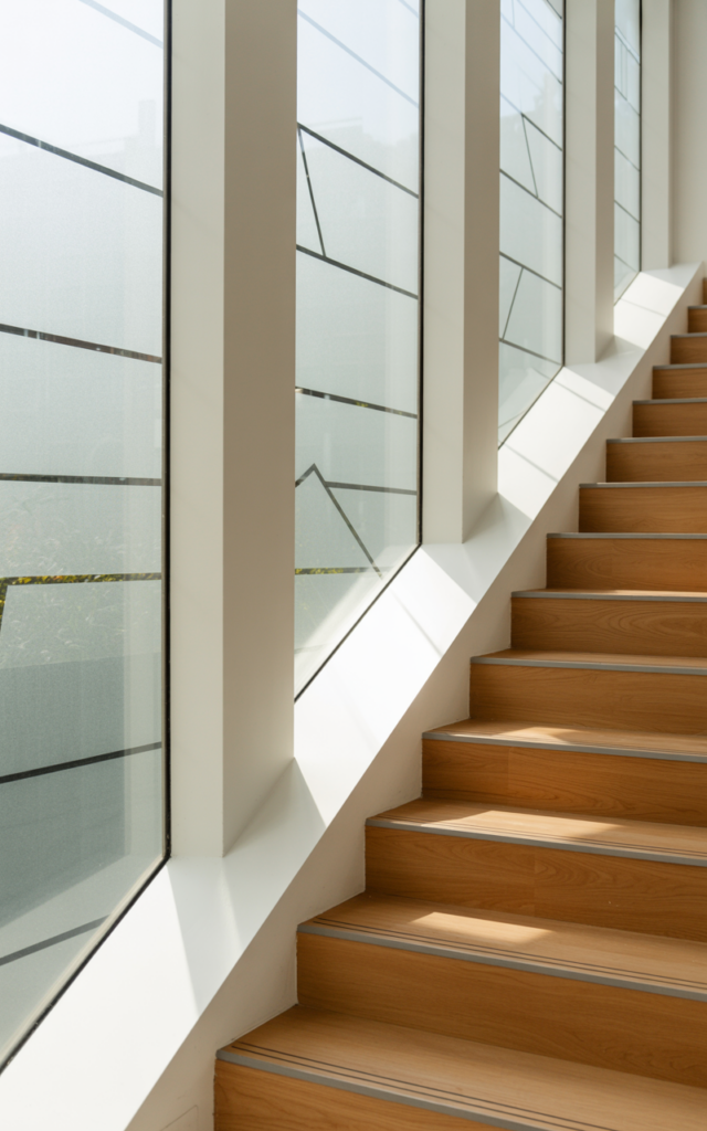 An elegant and natural-looking realistic photograph of a staircase featuring frosted glass windows with subtle geometric patterns, adding texture to a clean wall with light wood steps decorated in contemporary urban style with natural lighting