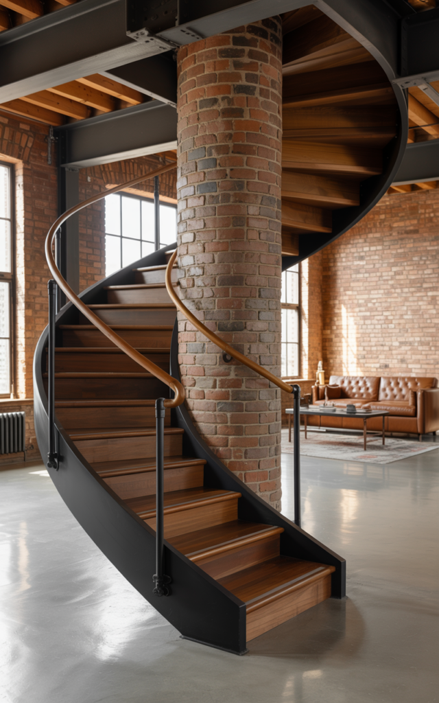 An elegant and natural-looking realistic photograph of a spiral staircase wrapped around a textured exposed brick column with metal railings and wooden steps inside a converted warehouse loft decorated in rustic industrial interior style with natural lighting