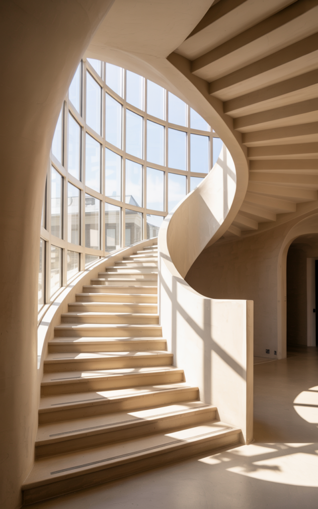 An elegant and natural-looking realistic photograph of a curved staircase foyer with a dramatic floor-to-ceiling arched window beside the curve allowing sunlight to cascade across the steps decorated in modern architectural style with natural lighting