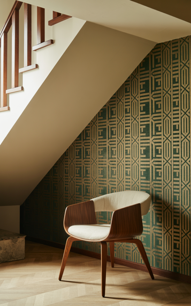 An elegant and natural-looking realistic photograph of an under-stair statement wallpaper accent wall with bold patterned wallpaper and a sculptural chair, decorated in eclectic modern style with natural lighting