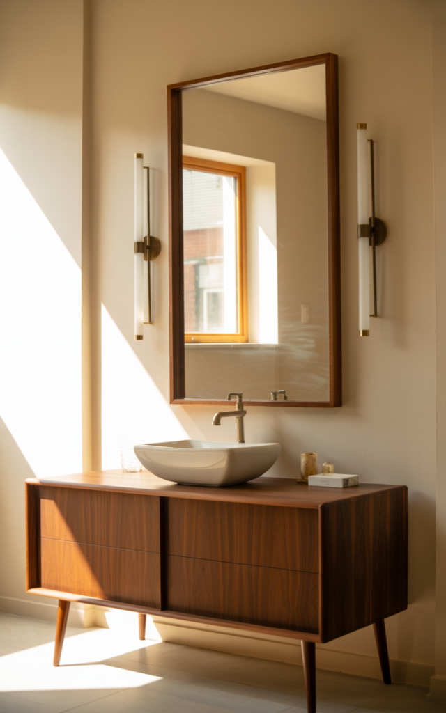 An elegant and natural-looking realistic photograph of a bathroom vanity area with slim vertical sconces mounted on both sides of a mirror creating balanced lighting decorated in mid century modern style with natural lighting