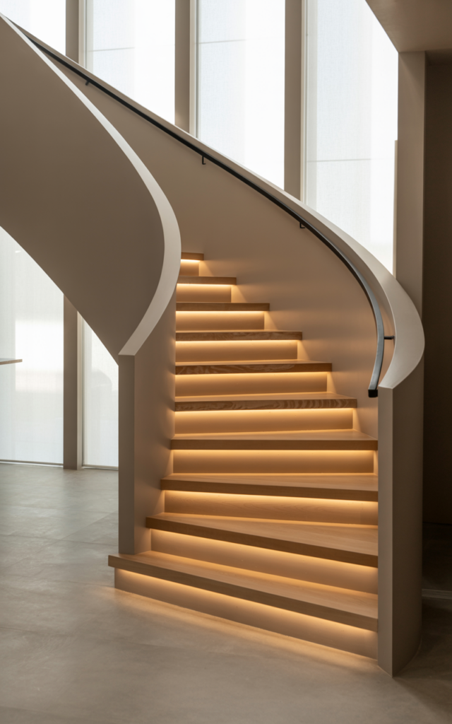 An elegant and natural-looking realistic photograph of a staircase featuring hidden toe-kick LED lighting beneath each stair edge, producing a gentle glowing ribbon of light across every step, decorated in contemporary minimalist interior style with natural lighting