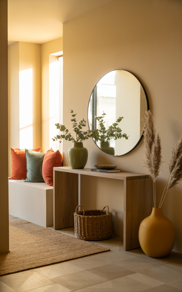 An elegant and natural-looking realistic photograph of an entryway styled with neutral tones and colorful accessories like cushions and vases adding a pop of color decorated in modern eclectic style with natural lighting