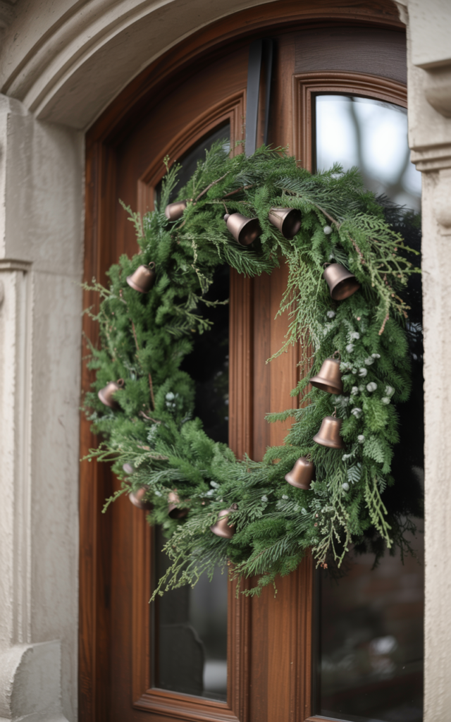 An elegant and natural-looking realistic photograph of a front door featuring a greenery wreath accented with small matte bells that add charm and movement decorated in traditional winter style with natural lighting