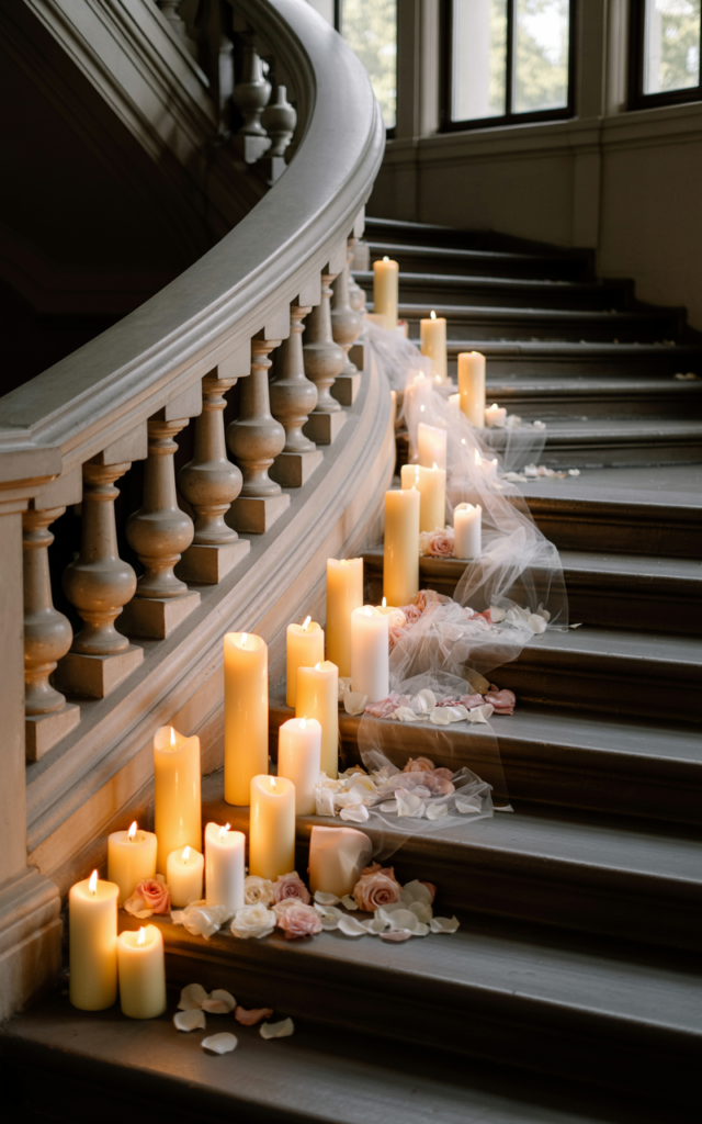 An elegant and natural-looking realistic photograph of a grand staircase framed at the base and sides with tall pillar candles of varying heights creating a glowing candlelit pathway decorated in classic romantic wedding style with natural lighting