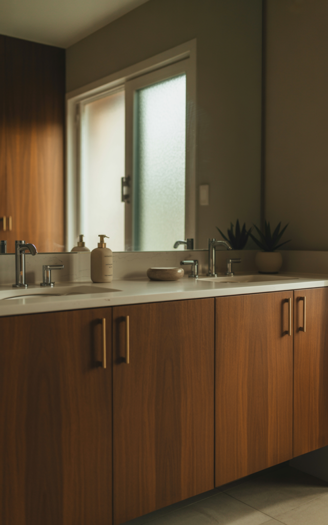 An elegant and natural-looking realistic photograph of a bathroom with flat-panel cabinet doors in wood finish, minimal hardware, and uncluttered surfaces decorated in mid-century modern style with natural lighting