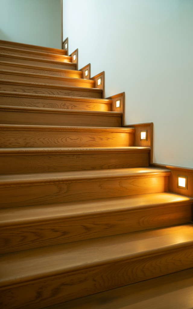 An elegant and natural-looking realistic photograph of an oak staircase highlighted by evenly spaced wall sconces casting a warm glow along the stair wall and illuminating the wood grain decorated in modern traditional style with natural lighting