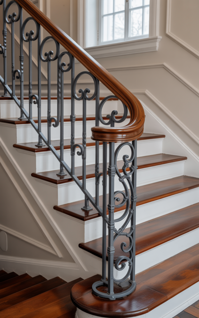 An elegant and natural-looking realistic photograph of a staircase featuring decorative wrought iron balusters with subtle curves paired with rich stained wood treads and classic trim decorated in updated traditional style with natural lighting