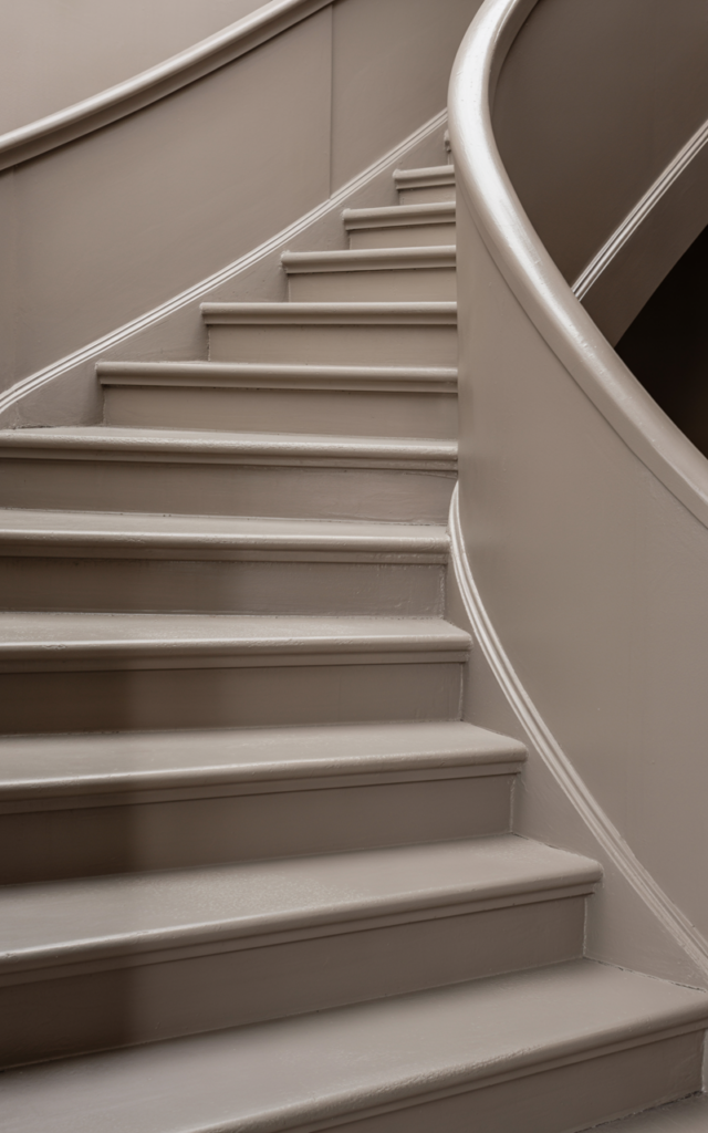 An elegant and natural-looking realistic photograph of a monochrome staircase painted entirely in soft greige tones from floor to railing with subtle texture variation decorated in modern minimalist style with natural lighting