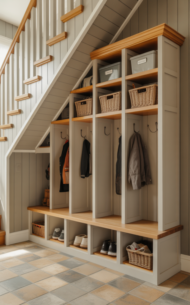 An elegant and natural-looking realistic photograph of under-stair family storage lockers with individual cubbies, hooks, and shelves for backpacks, jackets, and shoes arranged neatly beneath a staircase decorated in casual modern mudroom decor style with natural lighting

