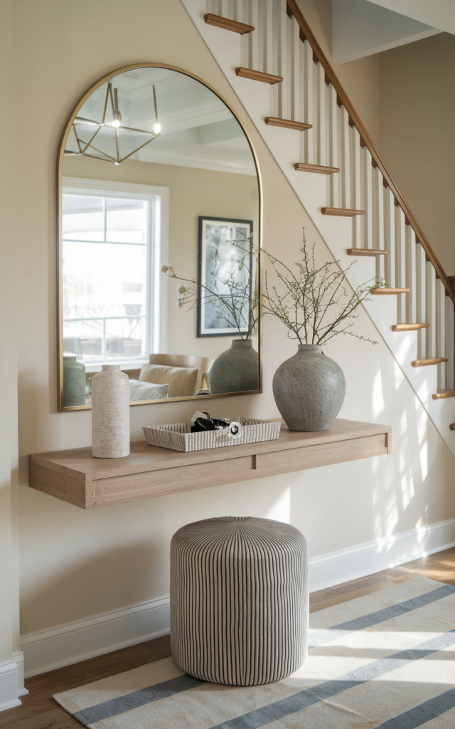 An elegant and natural-looking realistic photograph of an under-stair floating console table with a large mirror above, a vase and a decorative tray for keys, decorated in modern contemporary style with natural lighting